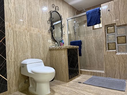 Koupelna s moderním sprchovým koutem, toaletou a elegantními obklady na stěnách.